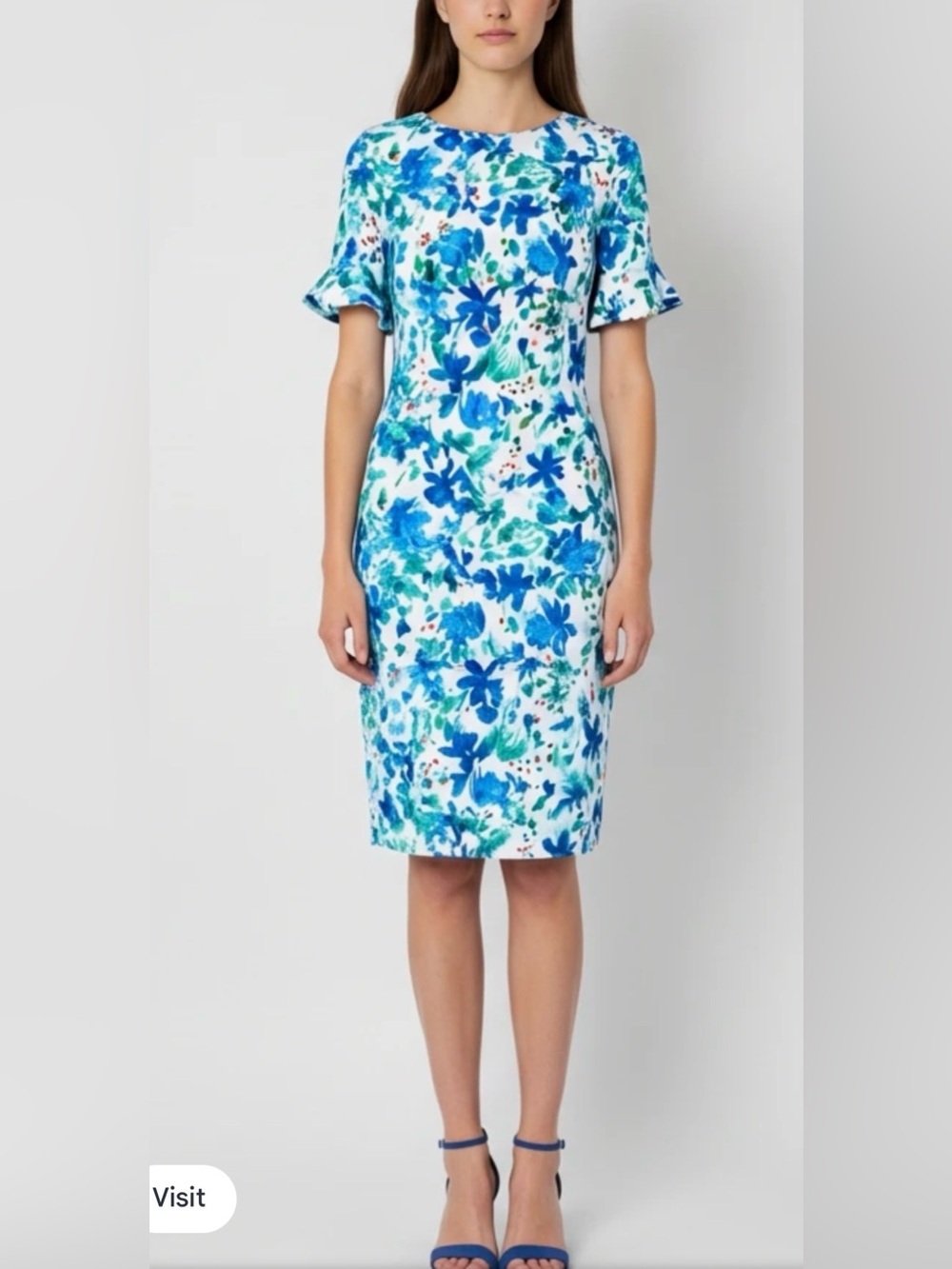 Calvin Klein Floral Midi Dress in White & Blue Size 8